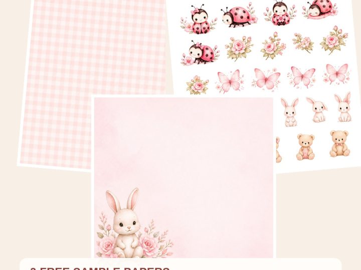 Free Baby Pink Watercolor Nursery Digital Paper Pack, Scrapbook Journal Kit – 3 Printable Sample Papers preview