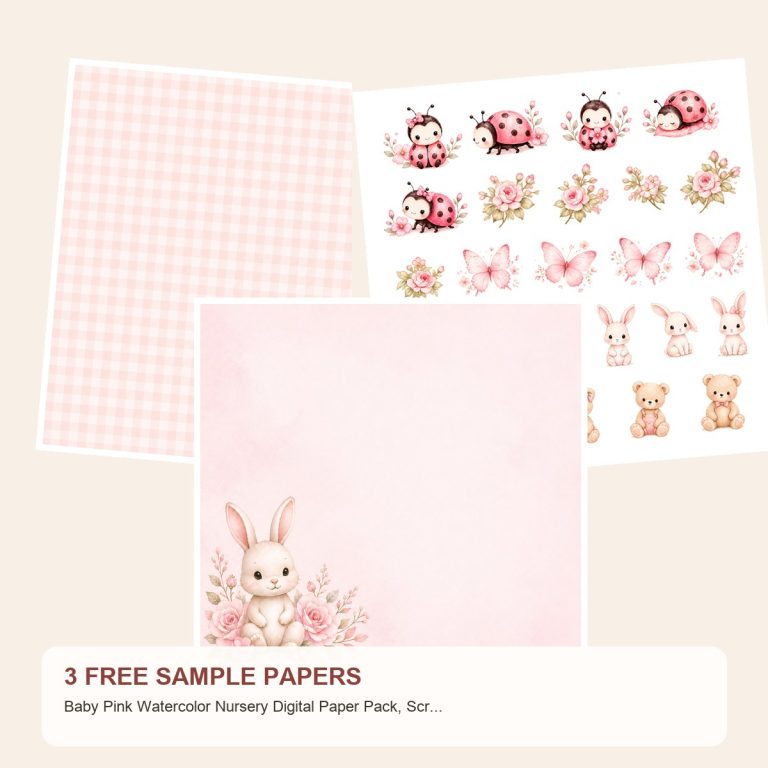Free Baby Pink Watercolor Nursery Digital Paper Pack, Scrapbook Journal Kit – 3 Printable Sample Papers preview