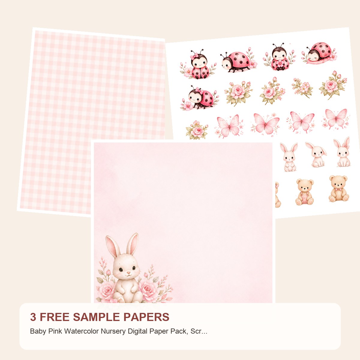 Free Baby Pink Watercolor Nursery Digital Paper Pack, Scrapbook Journal Kit – 3 Printable Sample Papers