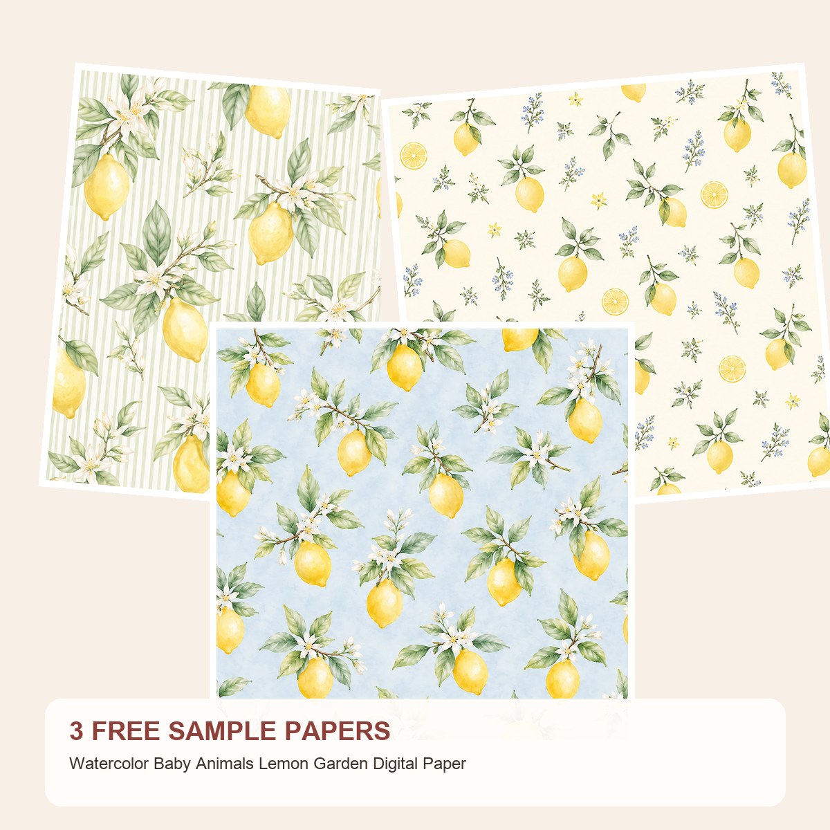 Free Watercolor Baby Animals Lemon Garden Digital Paper – 3 Printable Sample Papers