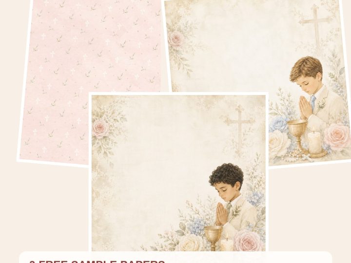 Free First Communion Watercolor Digital Paper Pack, Religious Scrapbook Pages – 3 Printable Sample Papers preview