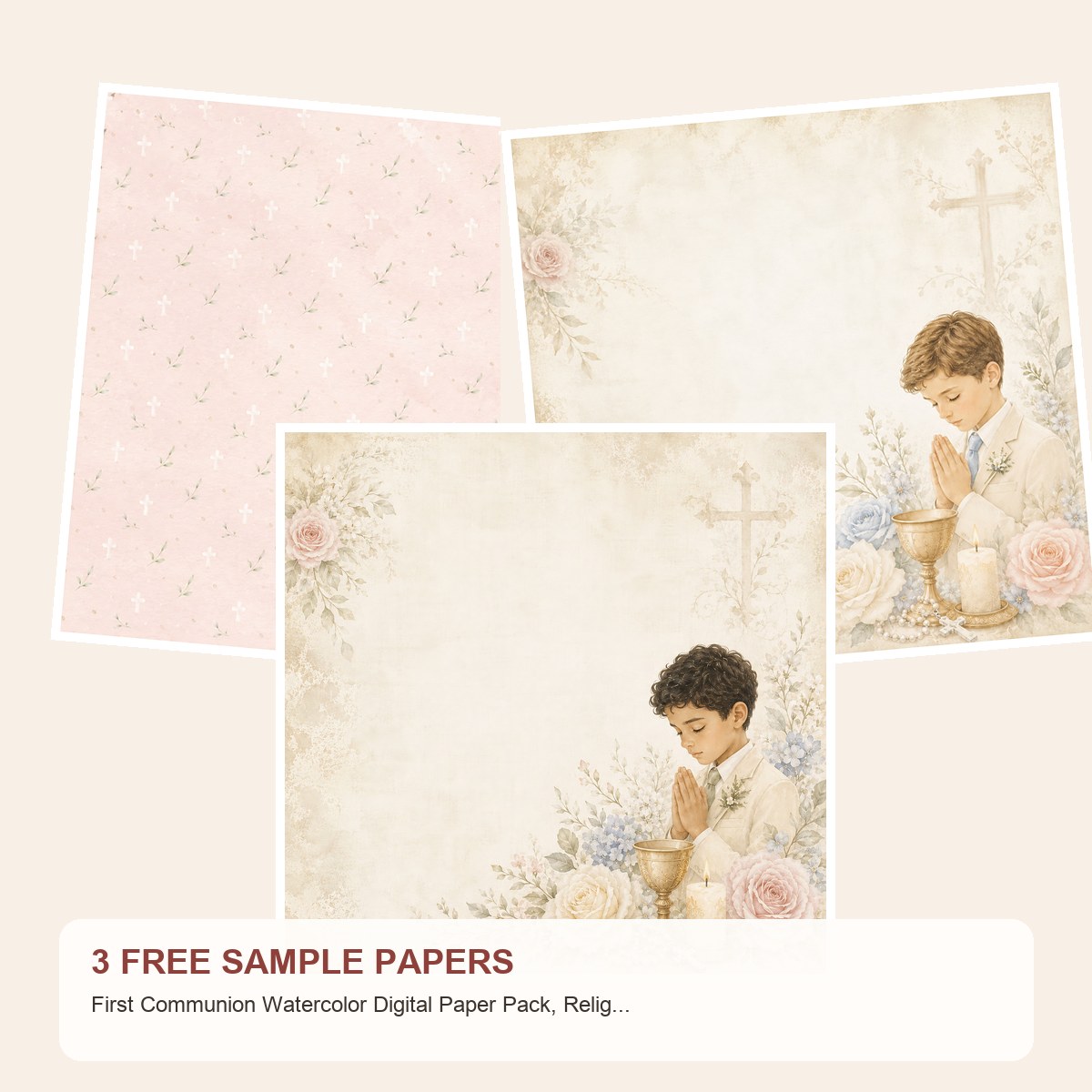 Free First Communion Watercolor Digital Paper Pack, Religious Scrapbook Pages – 3 Printable Sample Papers