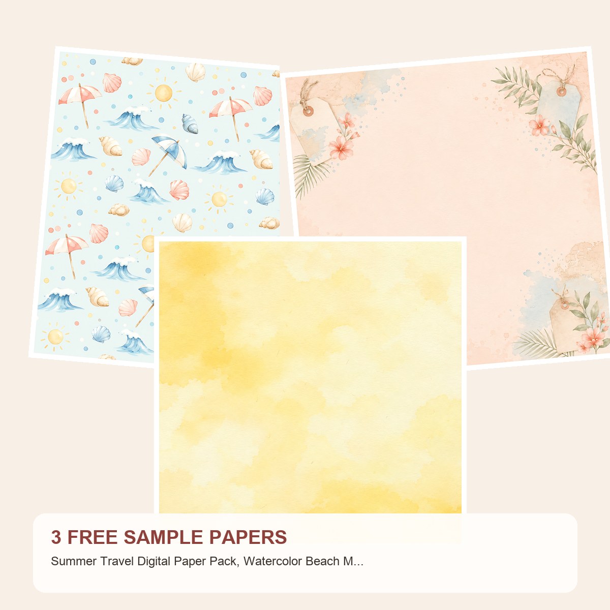 Free Summer Travel Digital Paper Pack, Watercolor Beach Mountain Road Trip Backgrounds – 3 Printable Sample Papers