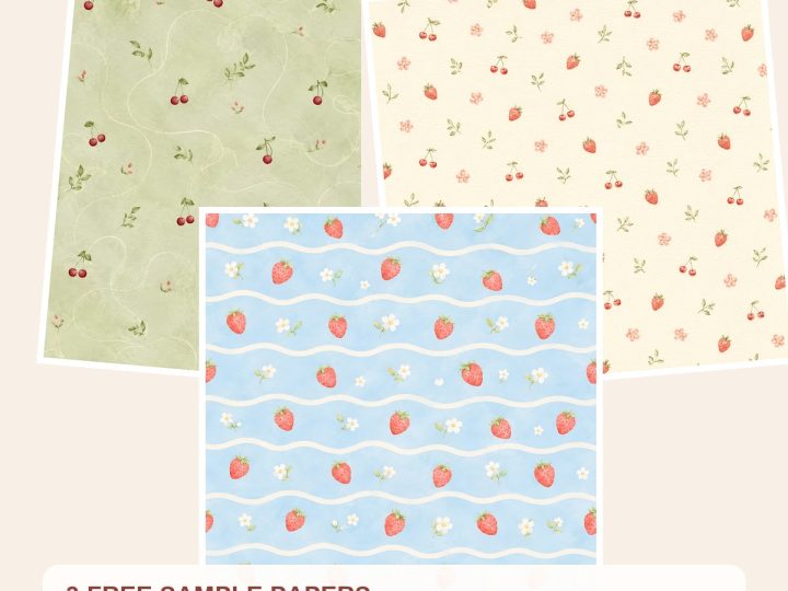 Free Strawberry Cherry Digital Paper Pack, Cottagecore Scrapbook Patterns – 3 Printable Sample Papers preview