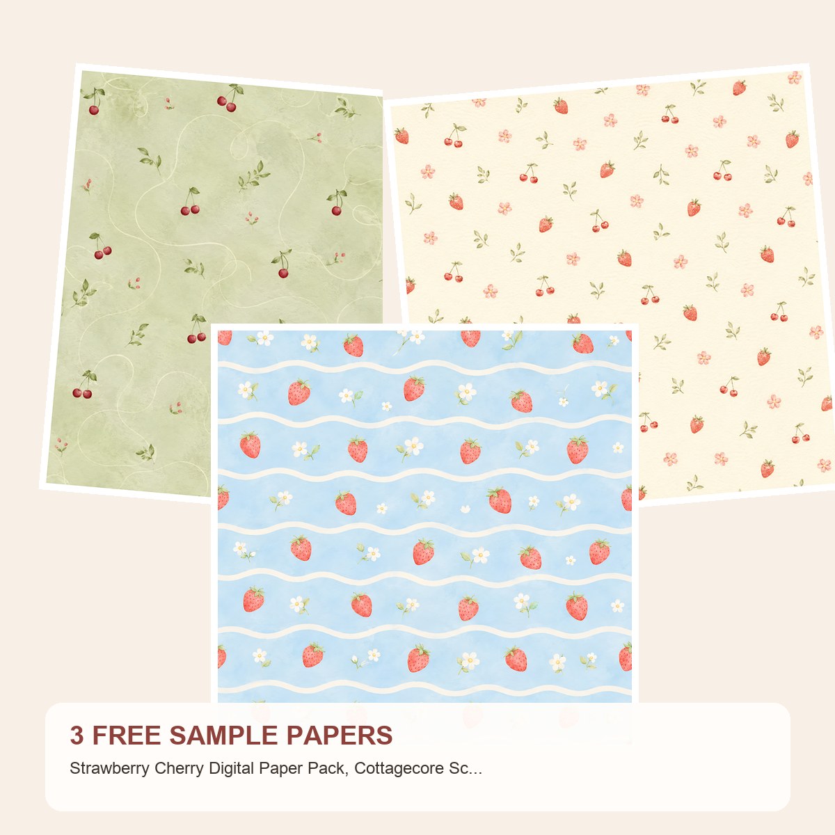 Free Strawberry Cherry Digital Paper Pack, Cottagecore Scrapbook Patterns – 3 Printable Sample Papers