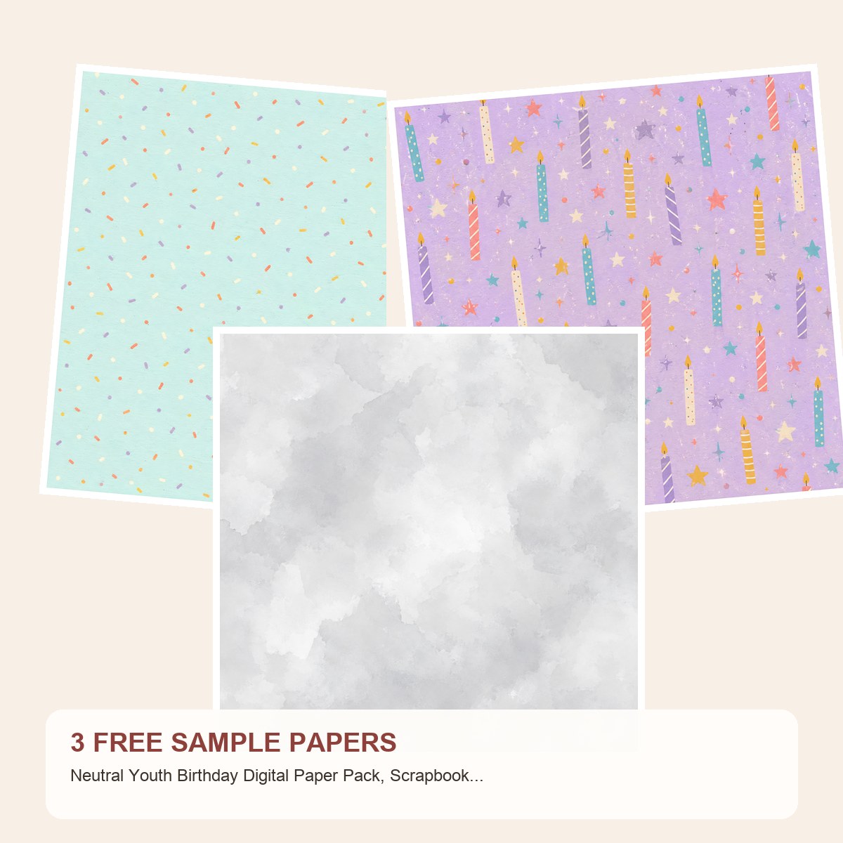 Free Neutral Youth Birthday Digital Paper Pack, Scrapbook Backgrounds – 3 Printable Sample Papers