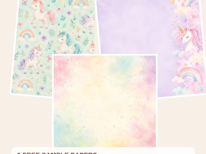 Free Pastel Unicorn Digital Paper Pack, Girls Birthday Scrapbook, Watercolor Magic – 3 Printable Sample Papers preview