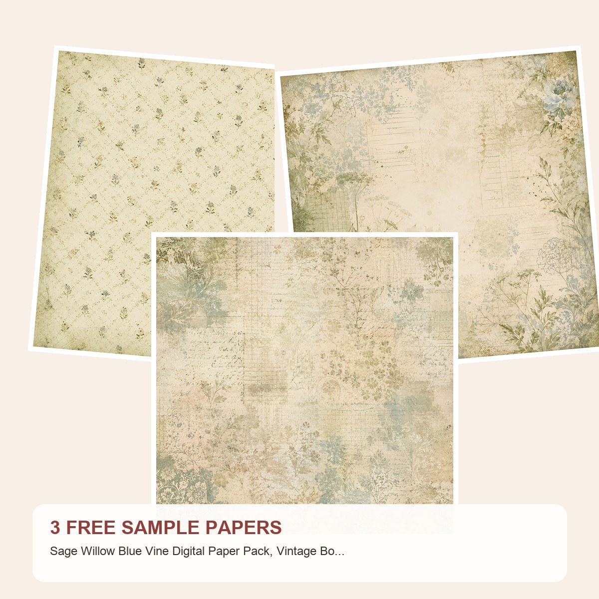 Free Sage Willow Blue Vine Digital Paper Pack, Vintage Botanical Scrapbook Papers – 3 Printable Sample Papers