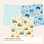 Free Boys Birthday Digital Paper Pack, Dinosaurs, Rockets, Cars, Sports – 3 Printable Sample Papers preview