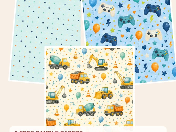 Free Boys Birthday Digital Paper Pack, Dinosaurs, Rockets, Cars, Sports – 3 Printable Sample Papers preview