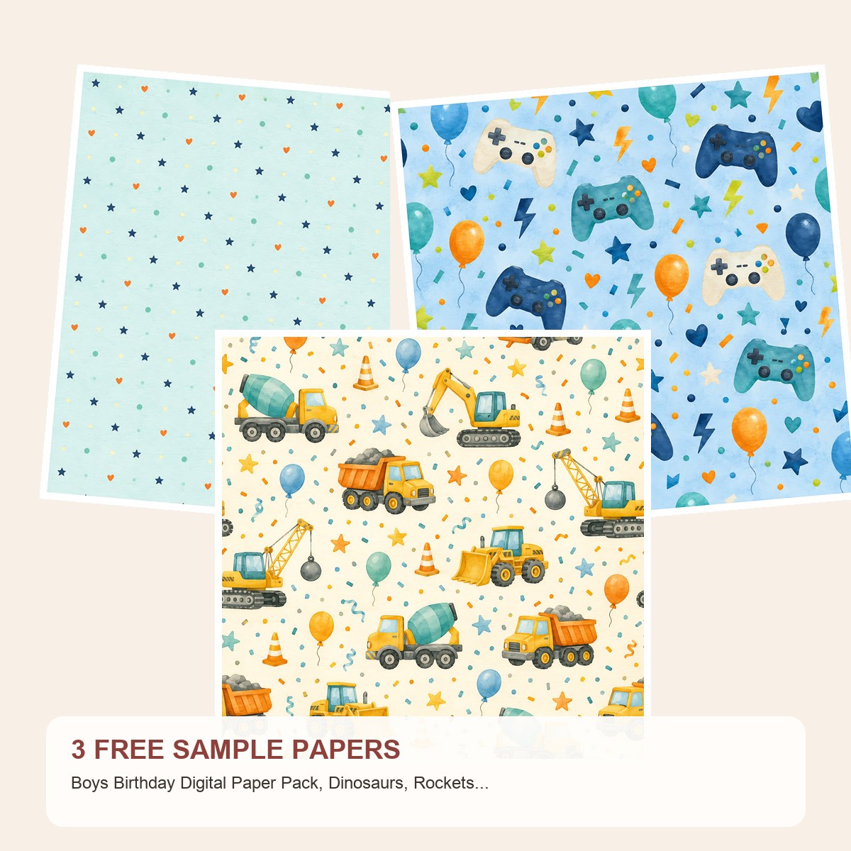 Free Boys Birthday Digital Paper Pack, Dinosaurs, Rockets, Cars, Sports – 3 Printable Sample Papers