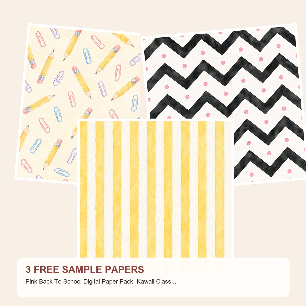 Free Pink Back To School Digital Paper Pack, Kawaii Classroom Patterns, Bows, Pencils – 3 Printable Sample Papers