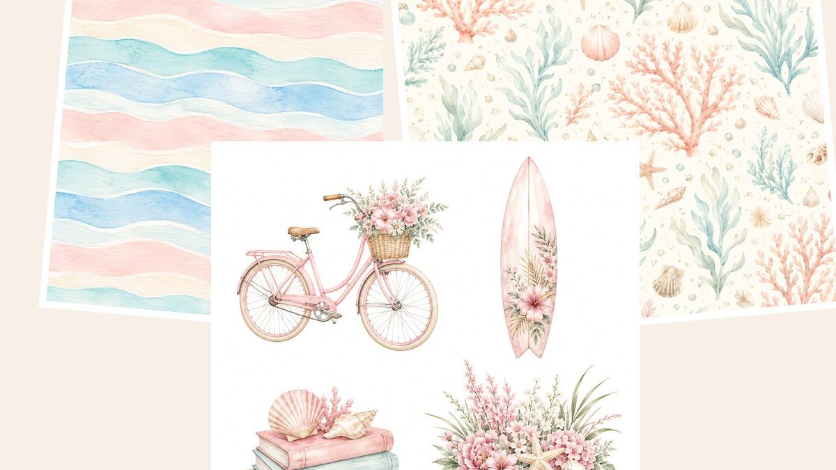 Free Coastal Pink Watercolor Digital Scrapbook Papers – 3 Printable Sample Papers preview