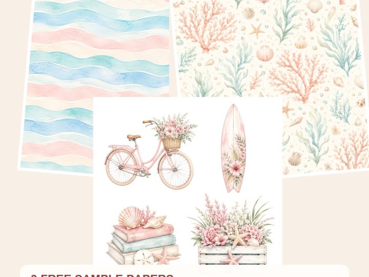 Free Coastal Pink Watercolor Digital Scrapbook Papers – 3 Printable Sample Papers preview