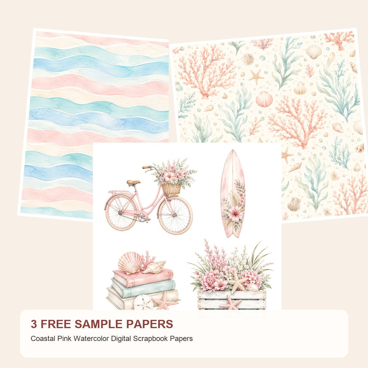Free Coastal Pink Watercolor Digital Scrapbook Papers – 3 Printable Sample Papers