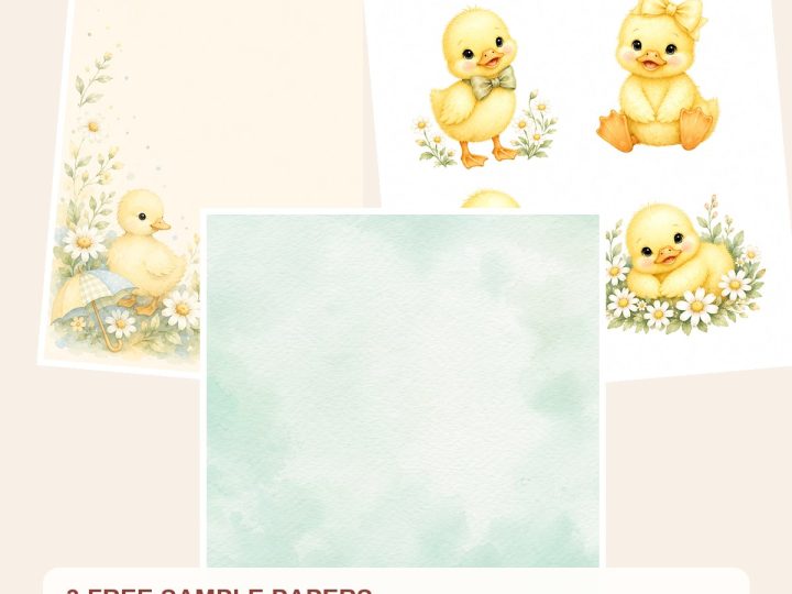 Free Baby Duckling Daisy Watercolor Papers, Nursery Scrapbook Journal Pages – 3 Printable Sample Papers preview