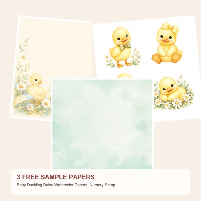 Free Baby Duckling Daisy Watercolor Papers, Nursery Scrapbook Journal Pages – 3 Printable Sample Papers preview