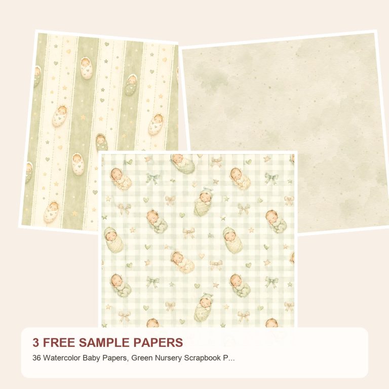 Free 36 Watercolor Baby Papers, Green Nursery Scrapbook Patterns – 3 Printable Sample Papers preview