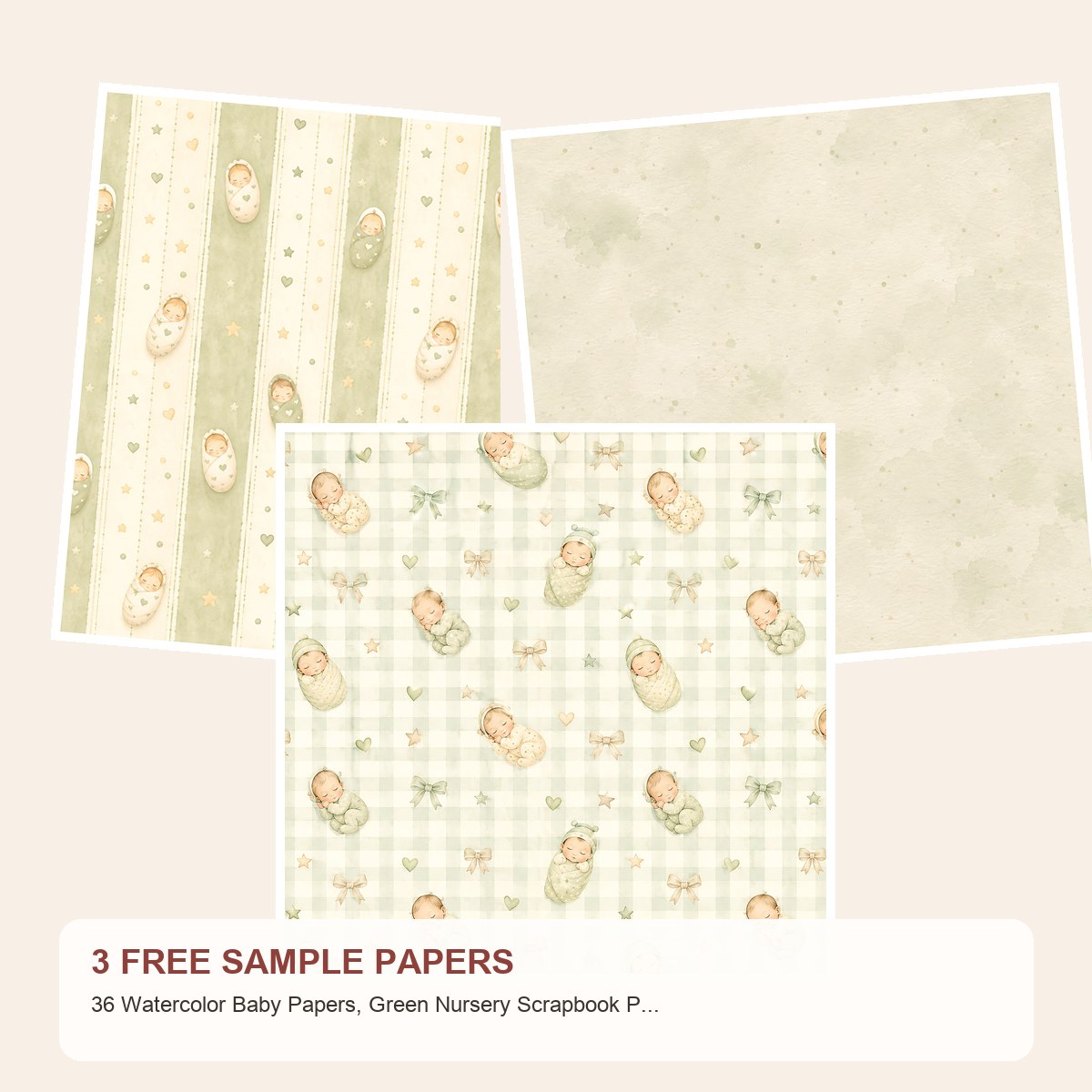 Free 36 Watercolor Baby Papers, Green Nursery Scrapbook Patterns – 3 Printable Sample Papers