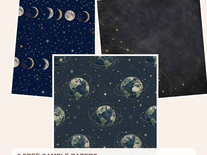 Free Celestial Digital Paper Pack, Earth Moon Planets Scrapbook Backgrounds – 3 Printable Sample Papers preview