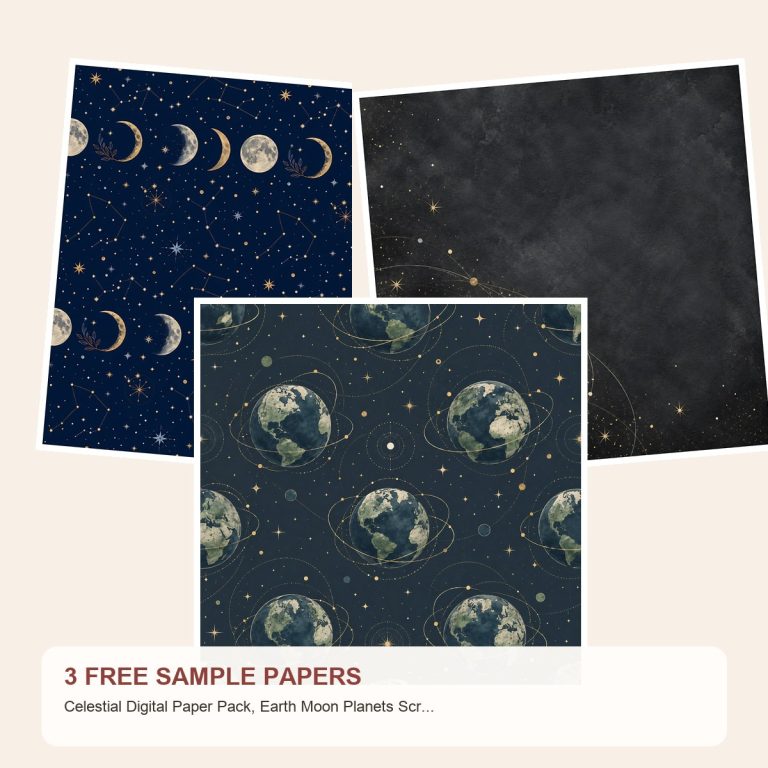 Free Celestial Digital Paper Pack, Earth Moon Planets Scrapbook Backgrounds – 3 Printable Sample Papers preview