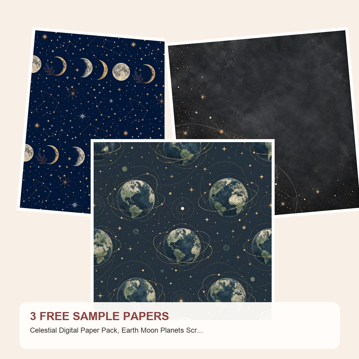 Free Celestial Digital Paper Pack, Earth Moon Planets Scrapbook Backgrounds – 3 Printable Sample Papers