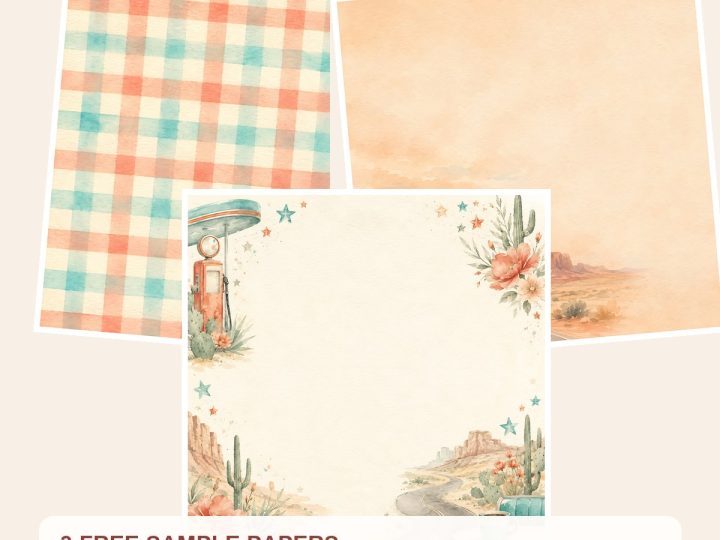 Free Vintage Road Trip Scrapbook Paper Bundle, USA Americana Watercolor Designs – 3 Printable Sample Papers preview