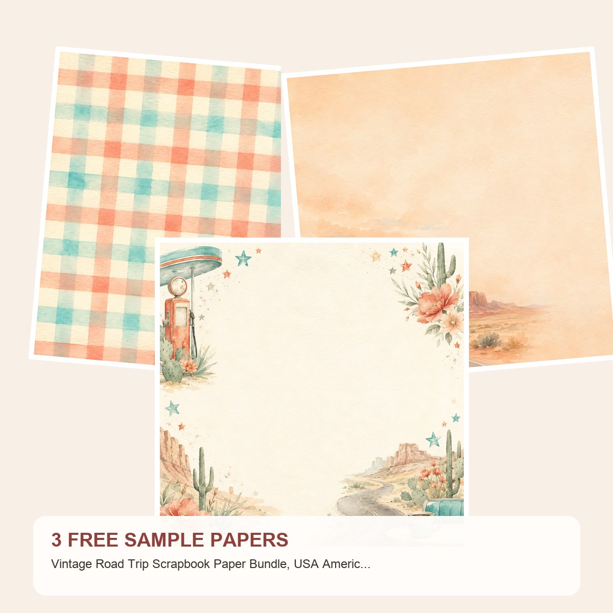 Free Vintage Road Trip Scrapbook Paper Bundle, USA Americana Watercolor Designs – 3 Printable Sample Papers