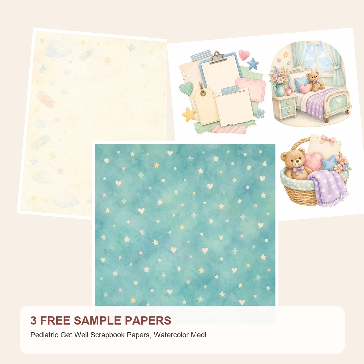 Free Pediatric Get Well Scrapbook Papers, Watercolor Medical Journal Cards – 3 Printable Sample Papers