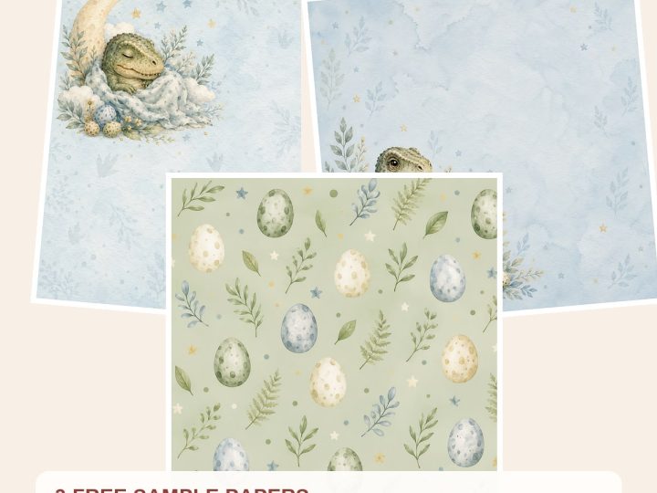 Free Baby T-Rex Watercolor Nursery Digital Paper Bundle – 3 Printable Sample Papers preview