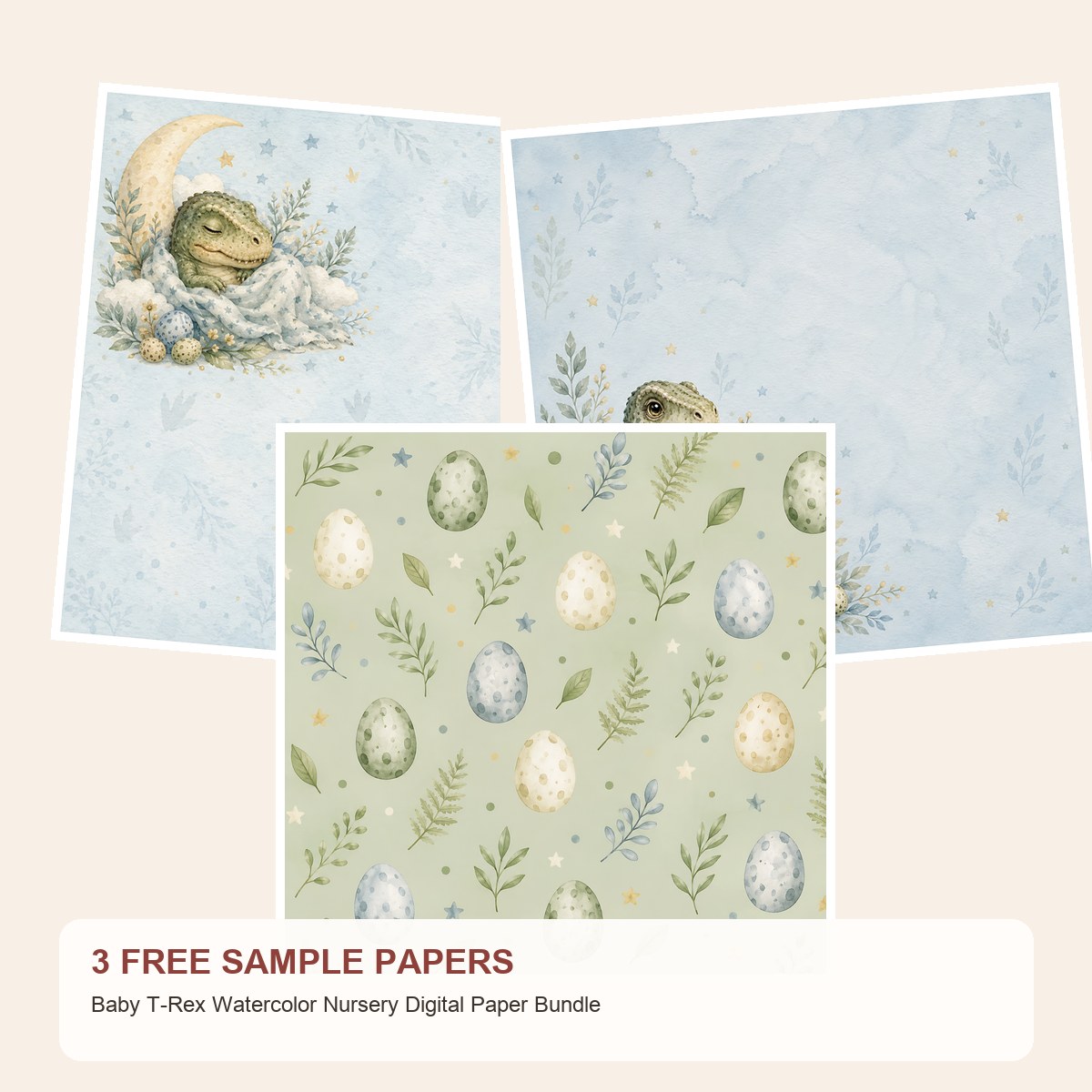 Free Baby T-Rex Watercolor Nursery Digital Paper Bundle – 3 Printable Sample Papers