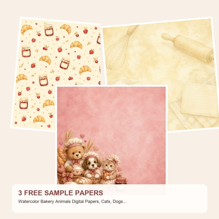 Free Watercolor Bakery Animals Digital Papers, Cats, Dogs, Bears – 3 Printable Sample Papers preview