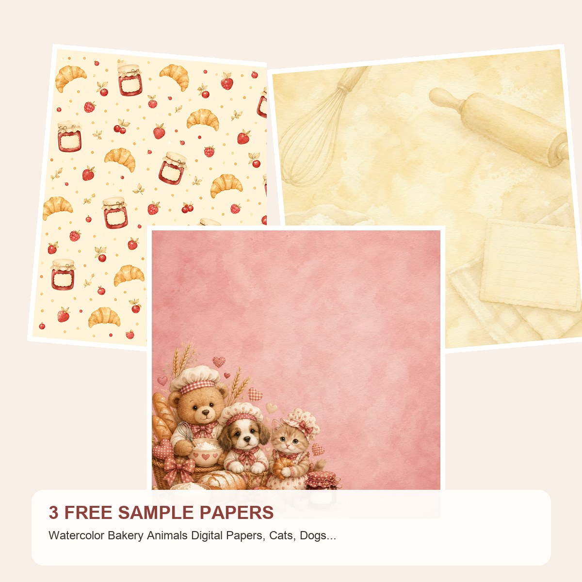 Free Watercolor Bakery Animals Digital Papers, Cats, Dogs, Bears – 3 Printable Sample Papers