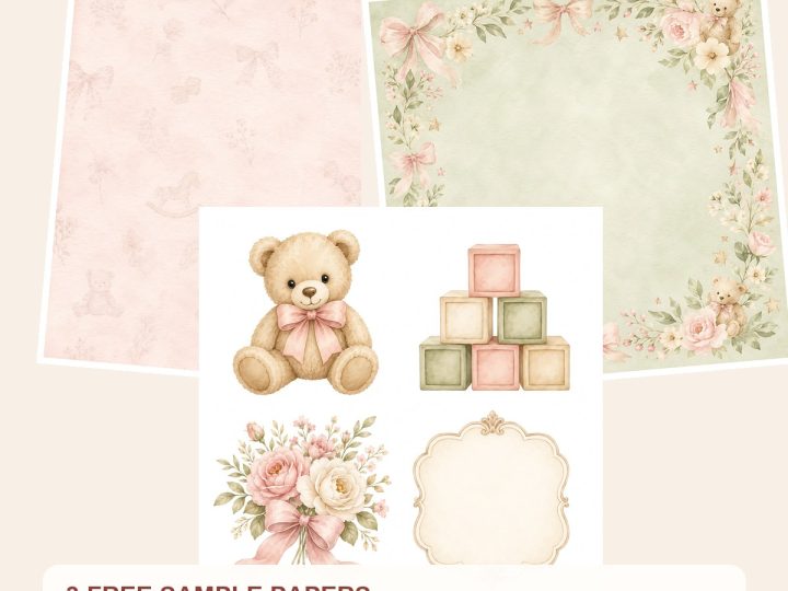 Free Neutral Heirloom Nursery Digital Papers Bundle, Teddy Bear Bunny Watercolor – 3 Printable Sample Papers preview