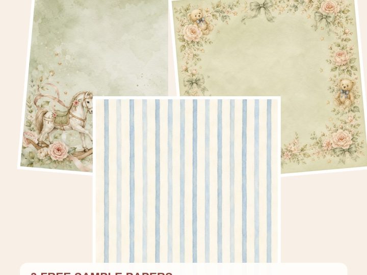 Free French Heirloom Nursery Digital Scrapbook Bundle, Watercolor Papers, Die Cuts – 3 Printable Sample Papers preview