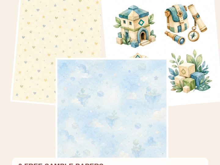Free Pixel Builder Adventure Scrapbook Papers, Watercolor Blocks, Gamer Journal Cards – 3 Printable Sample Papers preview