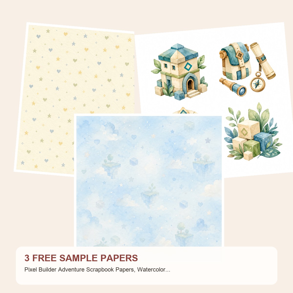 Free Pixel Builder Adventure Scrapbook Papers, Watercolor Blocks, Gamer Journal Cards – 3 Printable Sample Papers