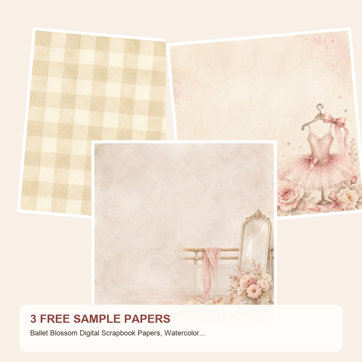 Free Ballet Blossom Digital Scrapbook Papers, Watercolor Ballerina Elements – 3 Printable Sample Papers