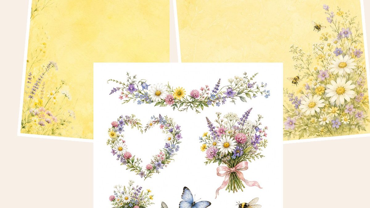 Free Wildflower Meadow Digital Paper Pack, Watercolor Floral Backgrounds, Cottagecore Scrapbook Papers – 3 Printable Sample Papers preview