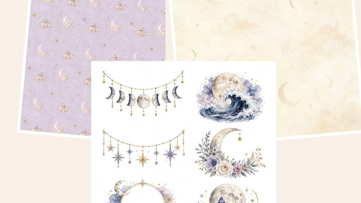 Free Mystic Moon Lunar Magic Scrapbook Papers, Celestial Die Cuts – 3 Printable Sample Papers preview