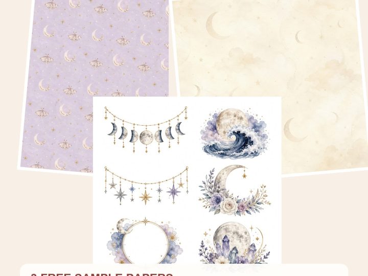 Free Mystic Moon Lunar Magic Scrapbook Papers, Celestial Die Cuts – 3 Printable Sample Papers preview