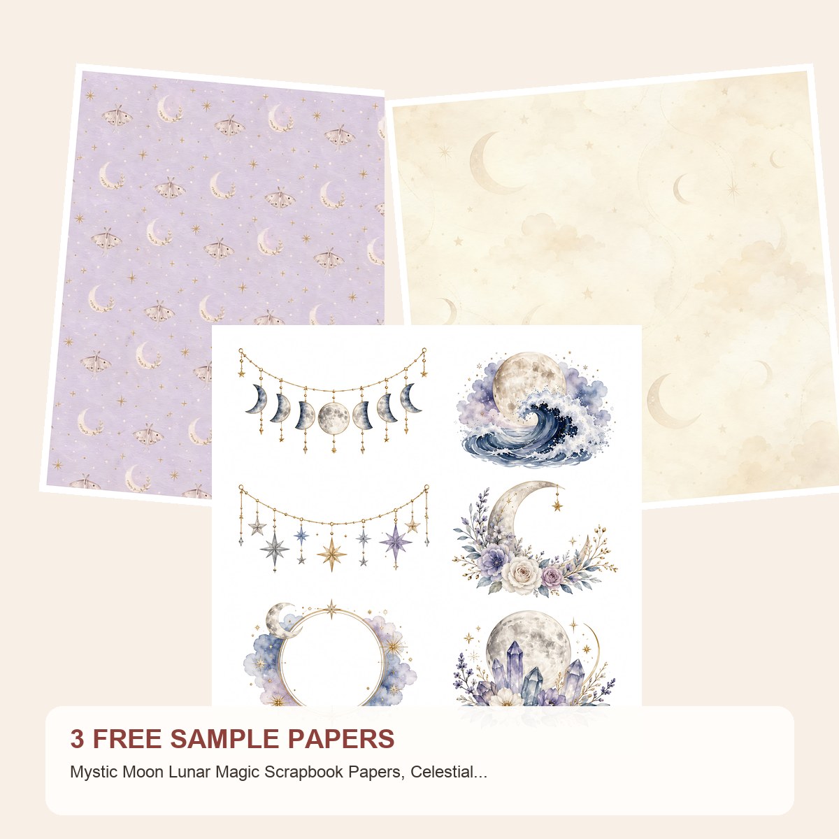 Free Mystic Moon Lunar Magic Scrapbook Papers, Celestial Die Cuts – 3 Printable Sample Papers