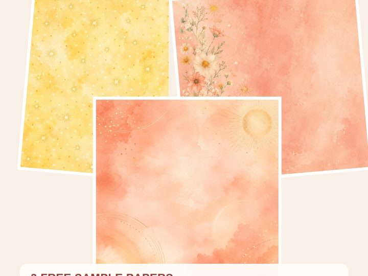 Free Golden Sun Solar Magic Scrapbook Papers, Watercolor Sunflowers, Die Cuts – 3 Printable Sample Papers preview