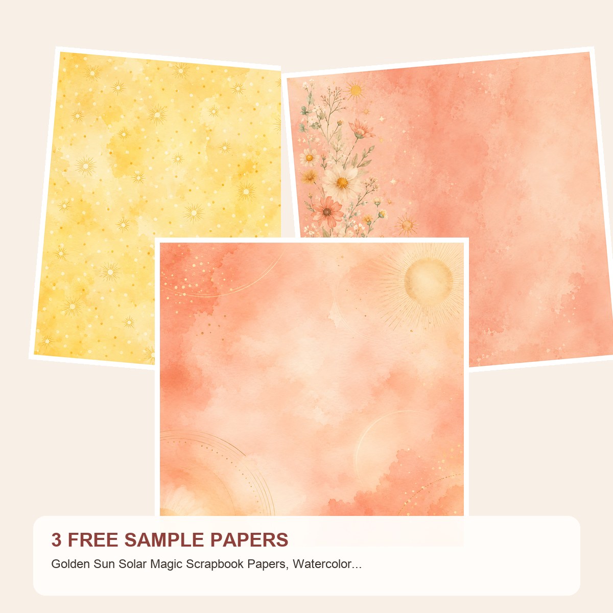 Free Golden Sun Solar Magic Scrapbook Papers, Watercolor Sunflowers, Die Cuts – 3 Printable Sample Papers