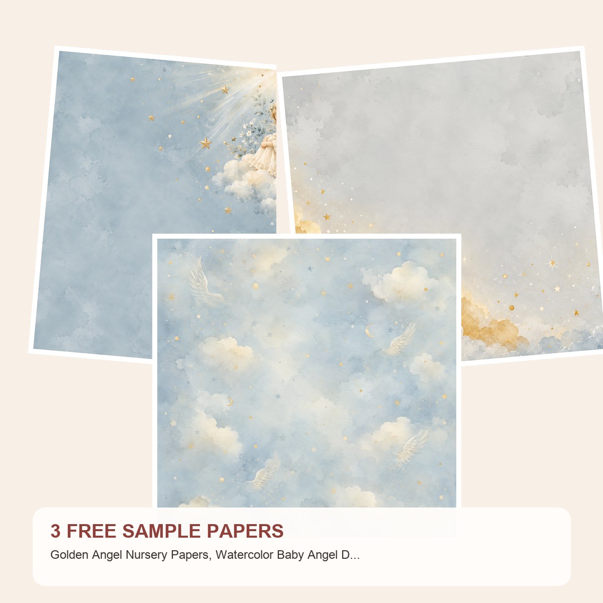 Free Golden Angel Nursery Papers, Watercolor Baby Angel Die Cuts – 3 Printable Sample Papers