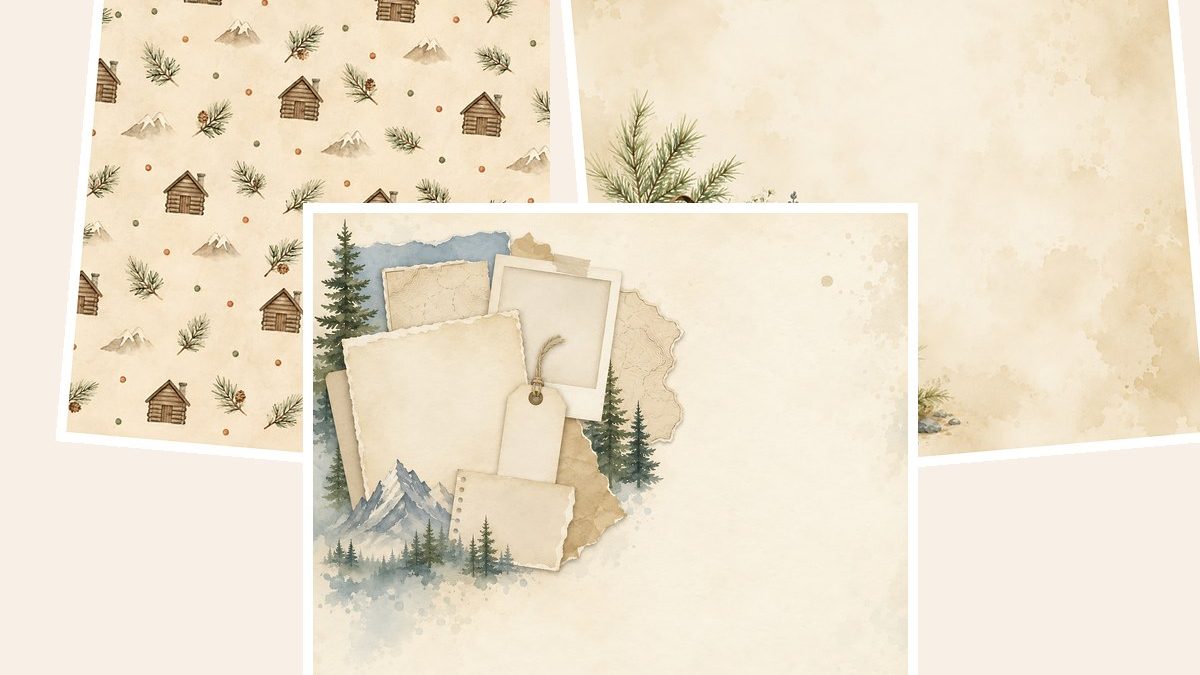 Free Mountain Vacation Scrapbook Bundle, Watercolor Papers, Cabin Die Cuts – 3 Printable Sample Papers preview
