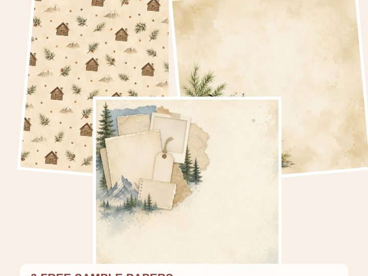 Free Mountain Vacation Scrapbook Bundle, Watercolor Papers, Cabin Die Cuts – 3 Printable Sample Papers preview