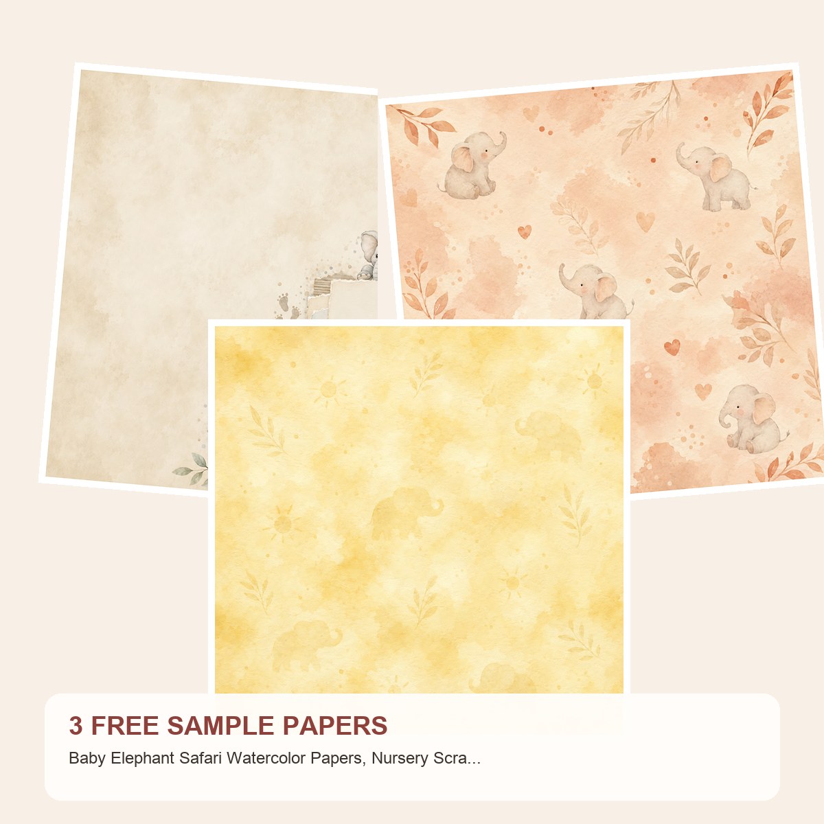 Free Baby Elephant Safari Watercolor Papers, Nursery Scrapbook Die Cuts – 3 Printable Sample Papers