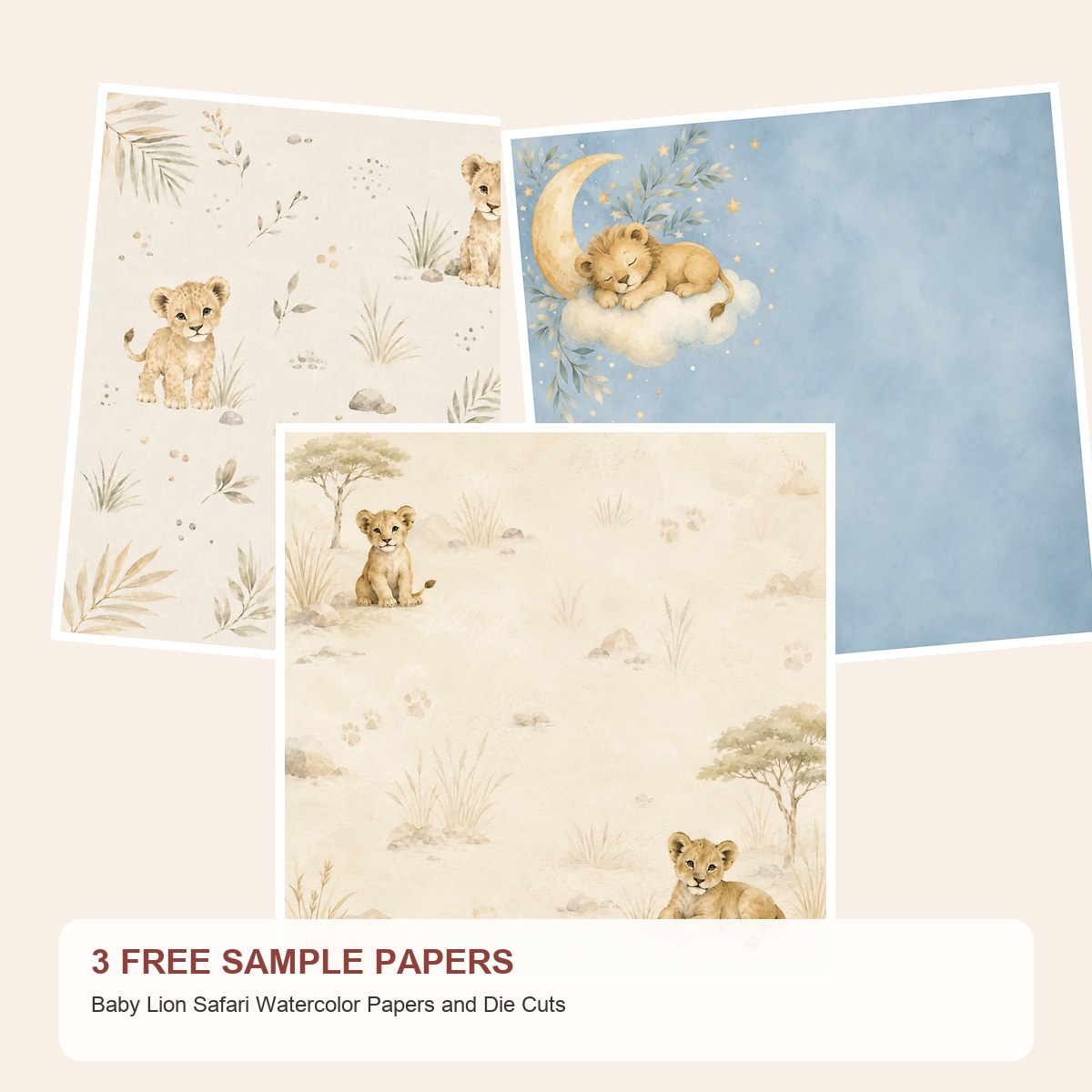 Free Baby Lion Safari Watercolor Papers and Die Cuts – 3 Printable Sample Papers