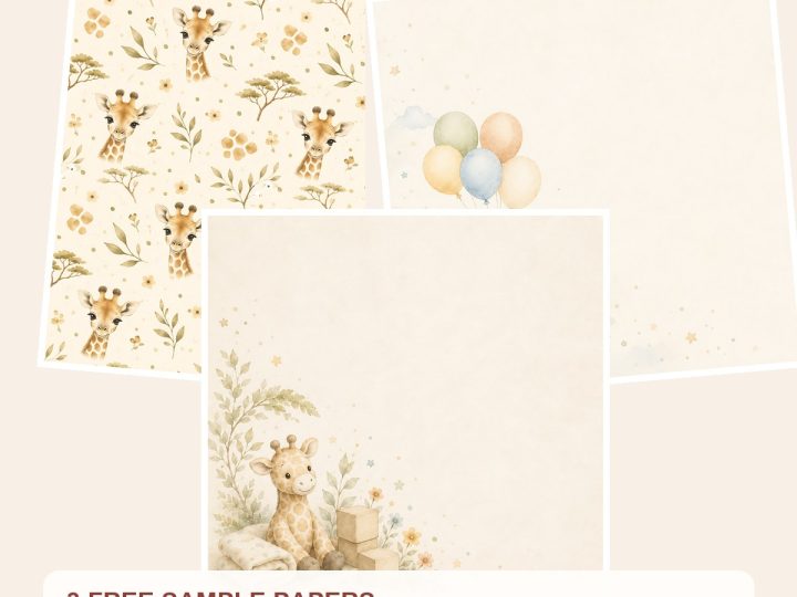 Free Baby Giraffe Safari Digital Papers, Watercolor Nursery Scrapbook Pages – 3 Printable Sample Papers preview